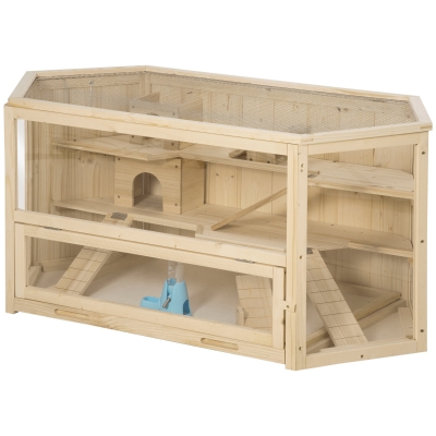 PawHut Cage à hamster à 3 niveaux bascules, fenêtres, cabanes, plateau coulissant, 115 x 60 x 55 cm, effet bois naturel