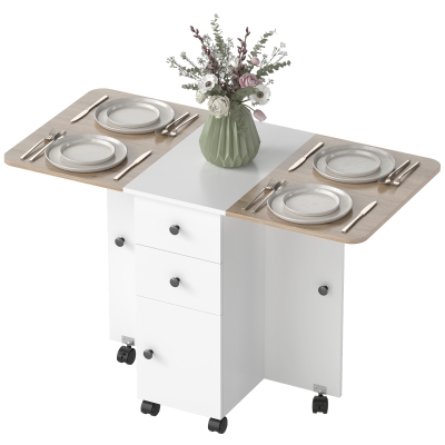 HOMCOM Table Cuisine Pliable Blanc/Chêne 2 Tiroirs 1 Placard