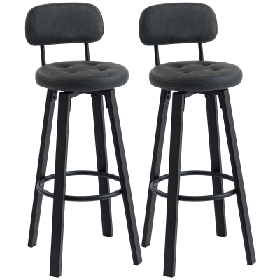 HOMCOM Juego de 2 Taburetes Altos de Cocina Giratorios Tapizados de PU con Respaldo Marco de Metal Reposapiés Gris Oscuro