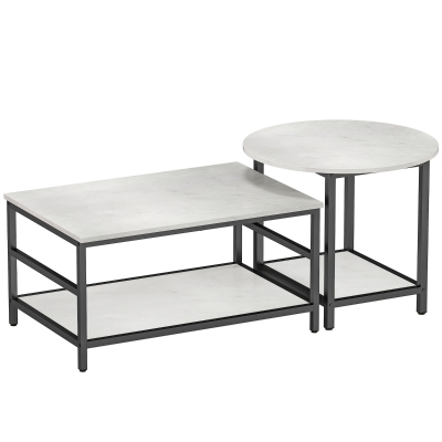 HOMCOM Couchtisch-Set, 2 Beistelltische, Marmoroptik, verstellbare Füße, Stahl, Schwarz/Weiß