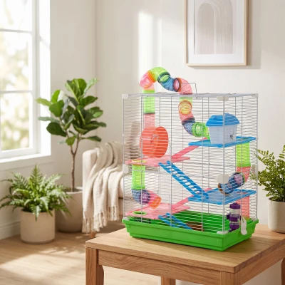 Pawhut 5-Tier Hamster Cage Habitat with Tunnel & Wheels Green