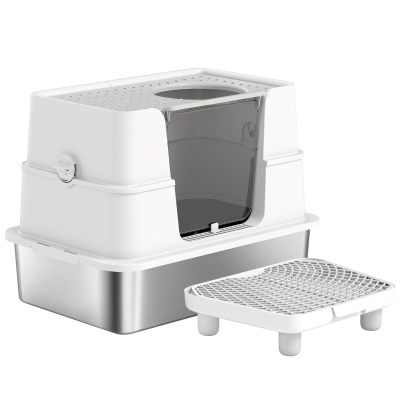 PawHut Bac à Litière XL Acier Inox Grand Chat Pivotant Gris 60cm