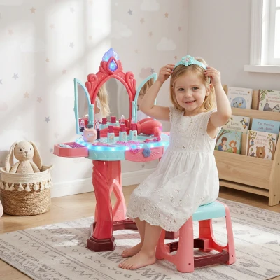 AIYAPLAY Tocador Infantil +3 Años con Taburete Espejo Luz Música y Secador Tocador de Maquillaje 57x34x76 cm Multicolor