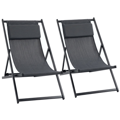 Outsunny Lot de 2 Chaises Longues Pliantes Textilène Gris Foncé