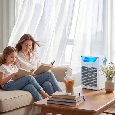 HOMCOM Ventilateur de Table RGB Blanc avec Réservoir et 3 Vitesses