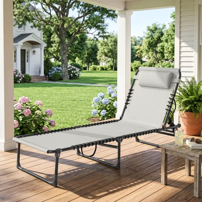 Outsunny Tumbona Plegable, Tumbona Jardín Exterior Reclinable 4 Posiciones con Reposacabezas y Marco de Acero, Carga 120 kg, para Terraza, Piscina, Playa, 189x58x30 cm, Crema