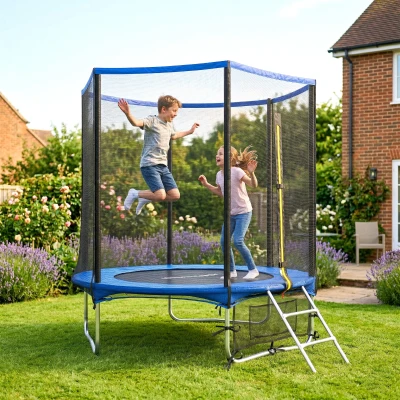 SPORTNOW Trampolim para Crianças Exterior Ø183 cm com Rede de Segurança Escada de 2 Degraus Cobertura de Molas Saco de Armazenamento Azul
