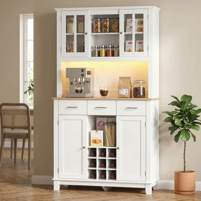 HOMCOM Alacena de Cocina con Iluminación LED Control por APP Encimera para Microondas Botellero Puertas de Vidrio Blanco