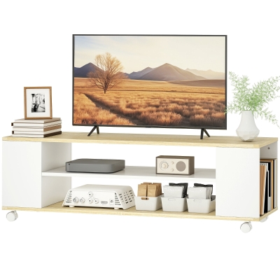 HOMCOM Meuble TV 120cm Roulettes 2 Étagères Blanc Naturel