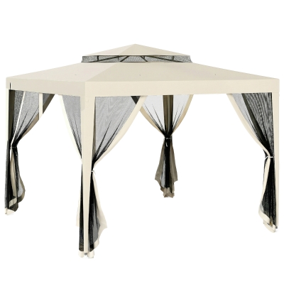Outsunny Carpa de Jardín 3x3 m Cenador Gazebo con 4 Mosquiteras Laterales Techo Doble 8 Orificios de Drenaje Marco de Metal Beige