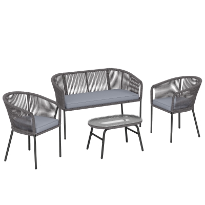 Outsunny 4 Piece Rope Garden Sofa Set Glass Table Cushions Dark Grey