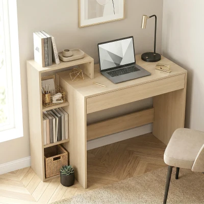HOMCOM Bureau Bois Naturel 100x40cm 3 Étagères Tiroir Rangement