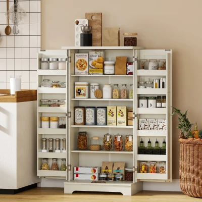 HOMCOM Buffet cuisine armoire de cuisine 5 niveaux avec portes et étagères réglables 60l x 40P x 120H cm grain de bois crème