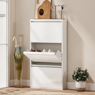 HOMCOM Metall-Schuhschrank mit 3 Klappfächern, schlanker Schuhschrank, wandmontiert, für 6 Paar Schuhe, Weiß