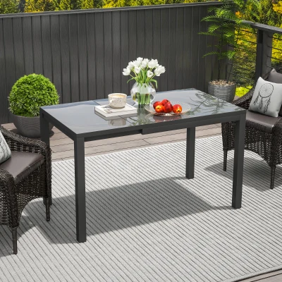 Outsunny Masă de Grădină Extensibilă 85/125 x 70 x 73 cm, Masă de Dining pentru 4-6 Persoane, Dreptunghiulară, din Aluminiu cu Blat din Sticlă, Pentru Patio Terasă Balcon Exterior, Gri Închis