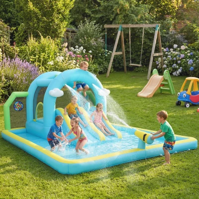 AIYAPLAY Castillo Hinchable Acuático 7 en 1 con Soplador 2 Toboganes Trampolín Piscina Canasta Columna de Boxeo 426x360x198 cm