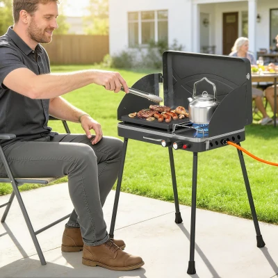 Outsunny Tragbarer Gasgrill 2 Brenner 7 kW 2-in-1 Tischgrill mit Braten klappbar Beinen Grillrost Windschutz Deckel Verschluss