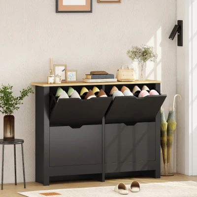 HOMCOM Armoire à Chaussures 16 Paires 4 Tiroirs Noir Bois