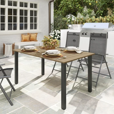 Outsunny Mesa de Jardín Rectangular de Acero 150x90x73 cm para 6 Personas con Orificio para Sombrilla Diseño con Lamas Marrón