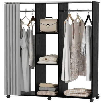 HOMCOM Armoire Mobile Bois Noir 6 Roulettes 120x40x128 cm