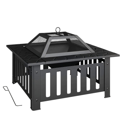 Outsunny Brasero Exterior de Acero Cuadrado 67x67x47 cm Brasero Exterior Jardín con Atizador Tapa de Malla para Fiesta Negro