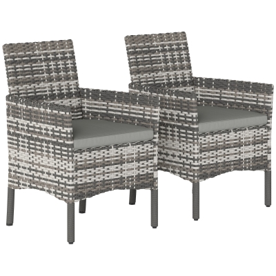 Outsunny Set de 2 Scaune de Grădină din Ratan, Scaune de Exterior cu Perne, Cotiere și Spătar Înalt, Cadru din Oțel pentru Verandă, Balcon, Lângă Piscină și Grădină, Gri