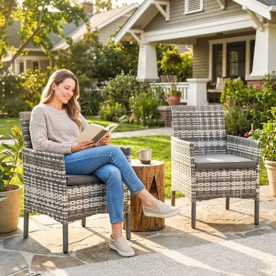 Outsunny Set de 2 Scaune de Grădină din Ratan, Scaune de Exterior cu Perne, Cotiere și Spătar Înalt, Cadru din Oțel pentru Verandă, Balcon, Lângă Piscină și Grădină, Gri