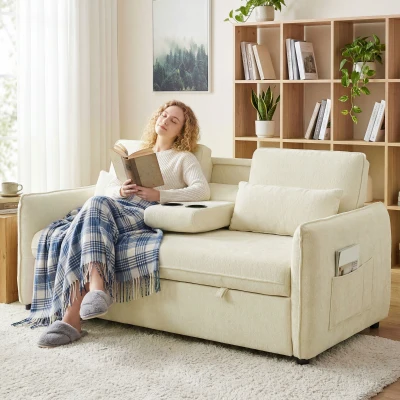 HOMCOM Divano Letto Convertibile Estraibile con Schienale Regolabile, Beige