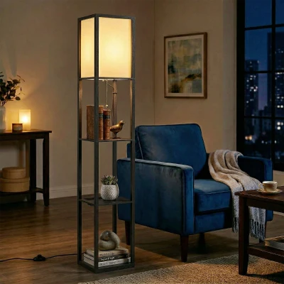 HOMCOM Floor Lamp with Shelves 3-Layer Modern Black