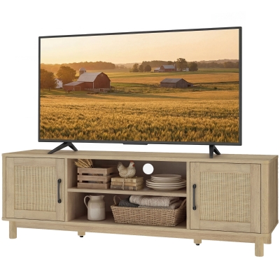 HOMCOM Meuble TV 135cm Chêne Rotin 2 Portes 2 Compartiments 65''