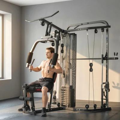 SPORTNOW Kraftstation Fitnessstation mit 65kg Gewichten, Latzug, Butterflystange, verstellbar Preacher Bank, Beintrainer