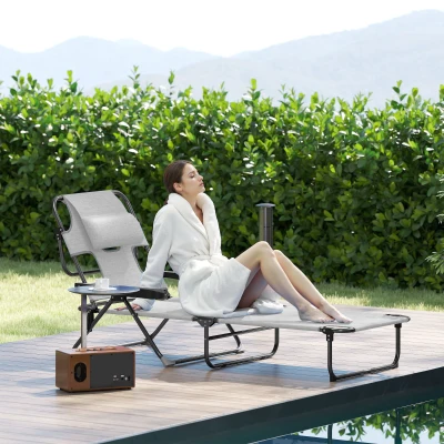Outsunny Tumbona Plegable Respaldo Ajustable Orificio de Lectura Reposacabezas y Brazos Carga 120 kg 145x72x89 cm Gris Oscuro