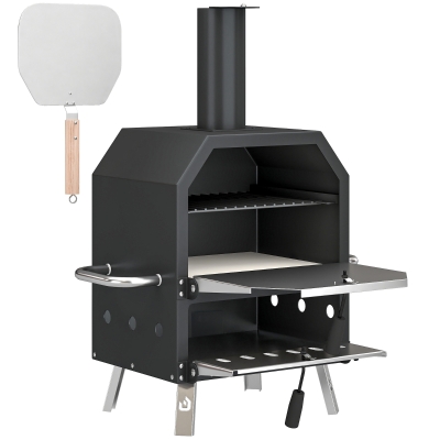 Outsunny Outdoor Pizzaofen Holzbefeuerter Pizza Ofen Edelstahl 2 Ebene Backofen mit 1cm dick Pizzastein Klappbein