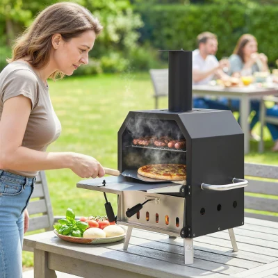 Outsunny Outdoor Pizzaofen Holzbefeuerter Pizza Ofen Edelstahl 2 Ebene Backofen mit 1cm dick Pizzastein Klappbein