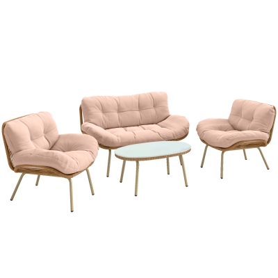 Outsunny Conjunto de Muebles de Jardín de Rattán de 4 Piezas con Cojines Sofá 2 Sillones y Mesa de Centro Beige