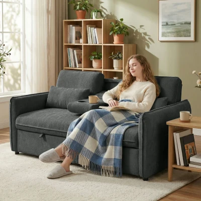 HOMCOM Sofá-Cama 2 Lugares 3 em 1 com Mesa Auxiliar Porta-Copos Encosto Ajustável Bolsos Laterais 2 Almofadas Cinzento Escuro