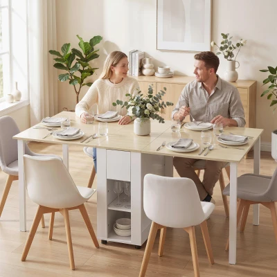 HOMCOM Mesa de Cocina Plegable para 6 Personas con Alas Abatibles Cajón Estantes Abiertos 168,2x85x73 cm Blanco