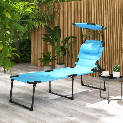 Outsunny Tumbona de Jardín con Toldo Ajustable Respaldo Regulable 4 Niveles Reposacabezas para Terraza 70x200x45 cm Azul Claro