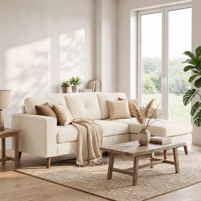 HOMCOM Canapea colțar 192 cm în formă de L, canapea 3 locuri cu chaise-longue reversibilă, aspect cord, pentru spații mici, alb crem