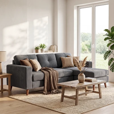 HOMCOM Colțar 192 cm în formă de L Canapea 3 locuri cu șezlong reversibil, aspect corduroy, pentru spații mici, Gri închis