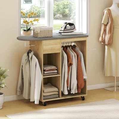 HOMCOM Armoire à Repasser Bois avec Roulettes et Étagère