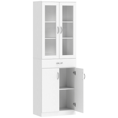 HOMCOM Alacena de Cocina con Puertas de Vidrio Cajón Estantes Ajustables para Comedor Salón 60x35x180 cm Blanco