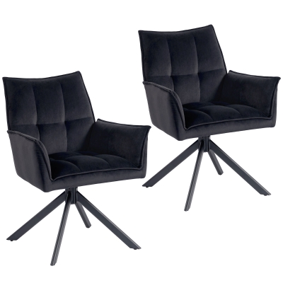 HOMCOM Pack de 2 Sillas de Comedor Giratorias con Reposabrazos Respaldo Acolchado Tapizado en Terciopelo Patas de Acero Negro