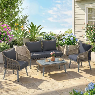 Outsunny 4 Piece Rattan Garden Furniture Set Wood Table Grey