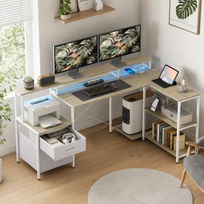 HOMCOM Birou de colț cu prize și lumini LED RGB, birou de calculator, 172 x 100 cm, suport ecran, 2 sertare, alb