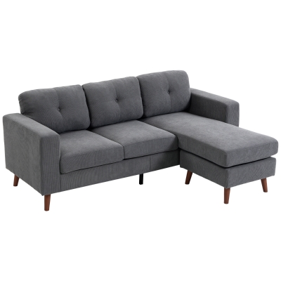 HOMCOM Colțar 192 cm în formă de L Canapea 3 locuri cu șezlong reversibil, aspect corduroy, pentru spații mici, Gri închis