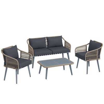 Outsunny 4 Piece Rattan Garden Furniture Set Wood Table Grey