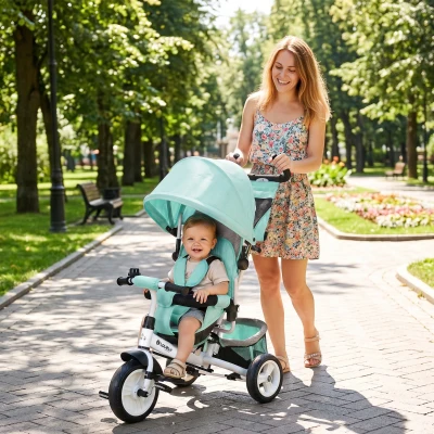 HOMCOM Triciclo para Bebés +12 Meses con Mango de Empuje Telescópico y Desmontable Bolso para Mamá y Portabotellas Verde Mint
