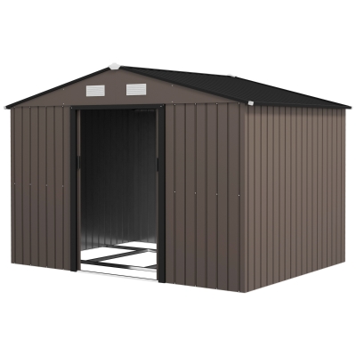 Outsunny Casetta da Giardino con 4 Prese d'Aria e 2 Porte Scorrevoli in Acciaio, 277x195x192 cm, Marrone