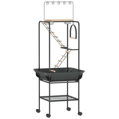 PawHut Parque de Juegos de Pájaros con Ruedas Escaleras Columpio Protector de Semillas Bandeja Comederos Perchas 63x63x163 cm